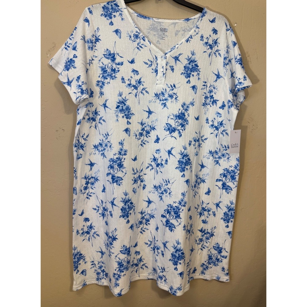 Croft & Barrow Nightgown Women 1X Blue Floral Hummingbird Henley Sleep Shirt NEW